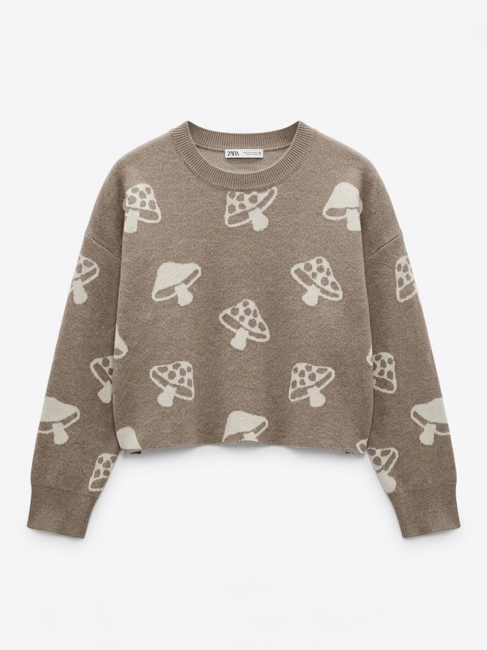 Zara Taupe Crewneck Sweater with Cream Mushroom Motif